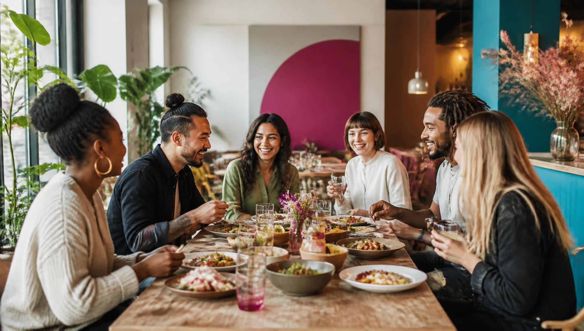 Menschen sitzen gemeinsam an einem Tisch, essen und lachen