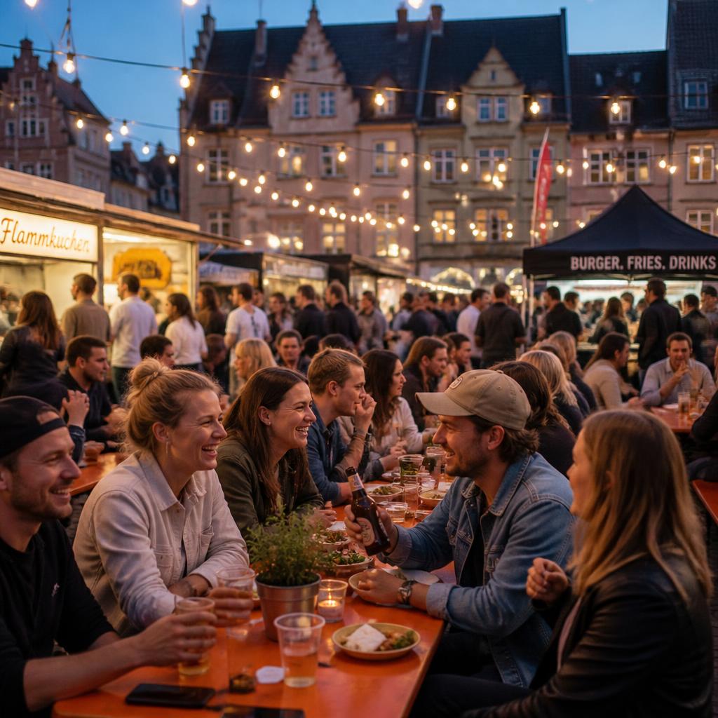 Menschen an langen Tischen bei einem Streetfood-Abend mit Lichterketten