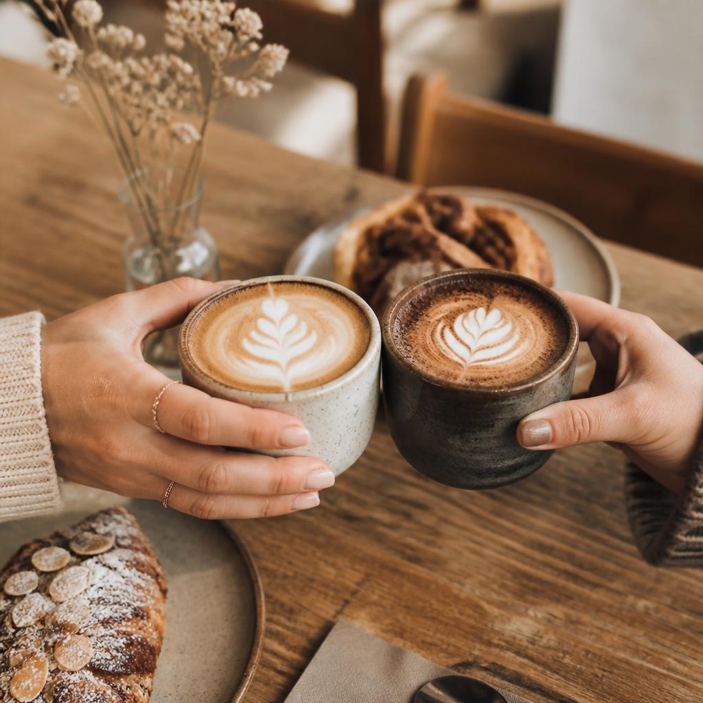 Zwei Kaffeetassen werden über einem Holztisch angestoßen