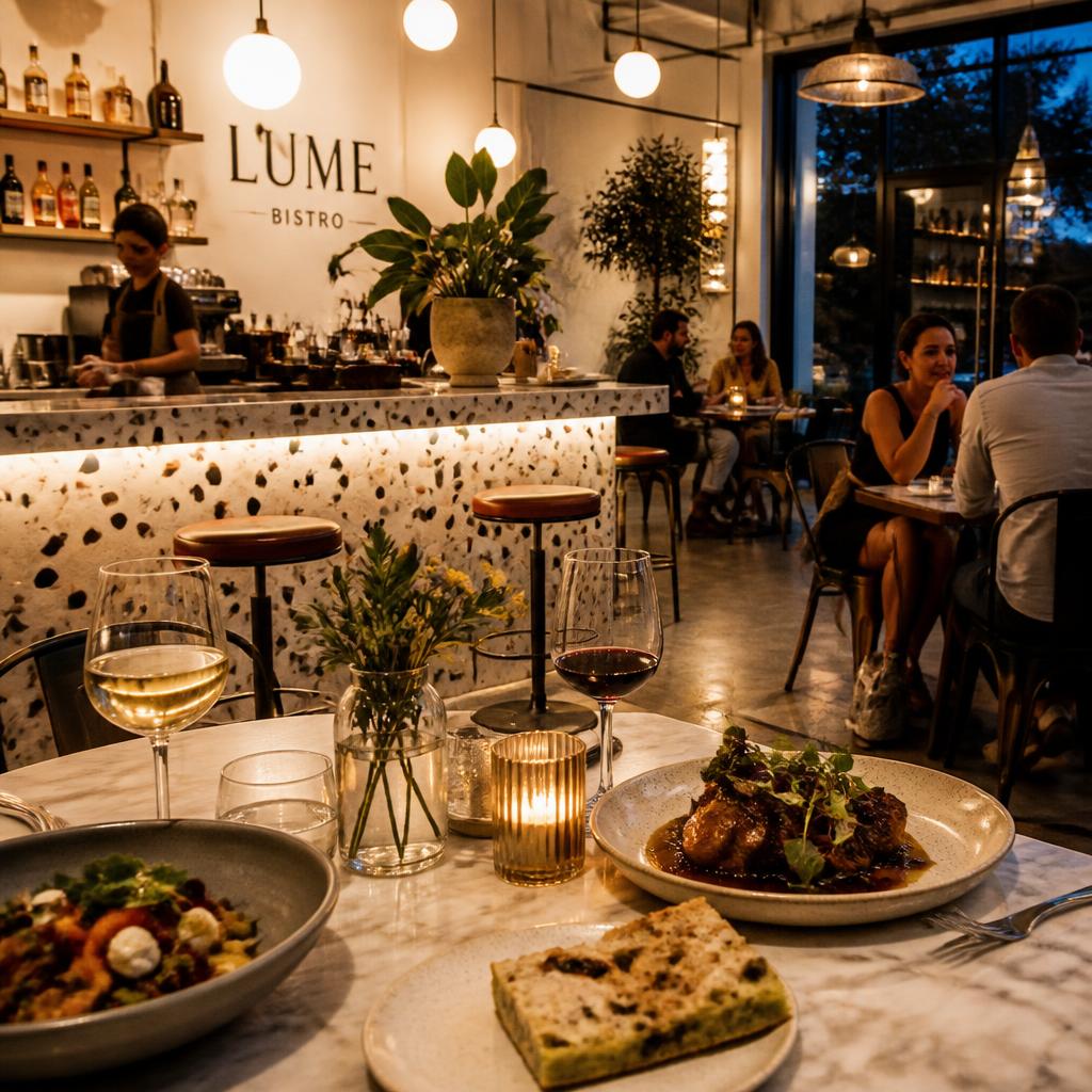 Modernes Bistro am Abend mit warmem Licht und Gästen