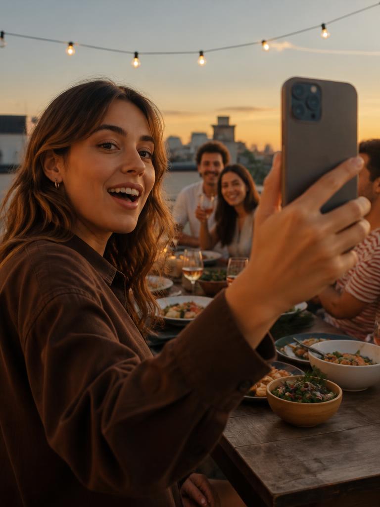 Person hält ein Telefon hoch und filmt eine Story bei einem Abendessen auf einer Dachterrasse
